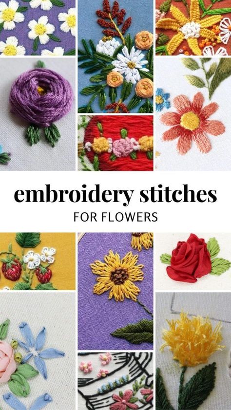 Types Of Embroidery Flowers, Stitching Flowers Embroidery, Embroidery Floss Crafts, How To Embroider Flowers By Hand, How To Embroider Different Flowers, How Embroidery Flowers, Stitched Flowers Embroidery, Embroidery Stitches For Flowers, Embroidery Pattern Flowers