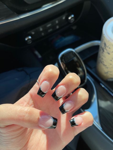 Summer, Glitter, Black French Tips, Black French Nails, Glitter French Tips, Black Acrylic Nails, Black Nails With Glitter, French Tip Nails, French Tip Acrylic Nails
