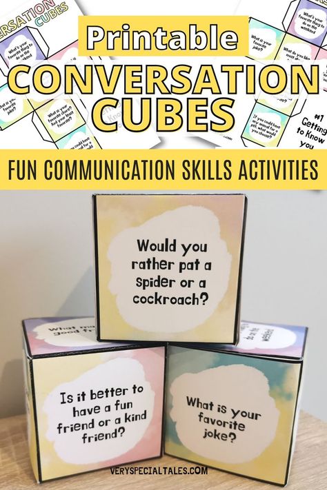 Roll the Question Dice and have some fun while you improve your kids communication skills! These printable CONVERSATION CUBES come with topics such a friendship, gratitude or "would you rather questions". You also have a blank template to write your own questions / Free printable / Communication Skills / Social Skills / Conversation Skills Leadership, Slp Activities, Social Skills Activities, Friendship Skills, Communication Skills Activities, Social Emotional Activities, Conversation Cards, Language Therapy Activities, Communication Activities