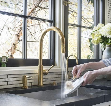 The Secret Brass Faucet Finish That’s a Breeze to Maintain - Studio Dearborn | Interior DesignStudio Dearborn | Interior Design Architecture, Studio, Design, The Secret, Unlacquered Brass Faucet, Stainless Sink With Gold Faucet, Kitchen Sink Faucets, Kitchen Faucets Pull Down, Brass Kitchen Faucet