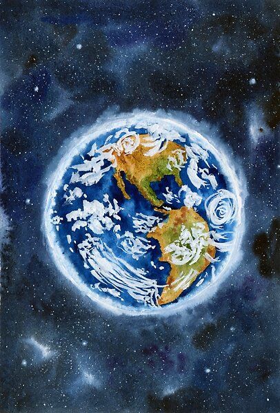 Earth Planet From Space With Stars Painting Design in Watercolor.