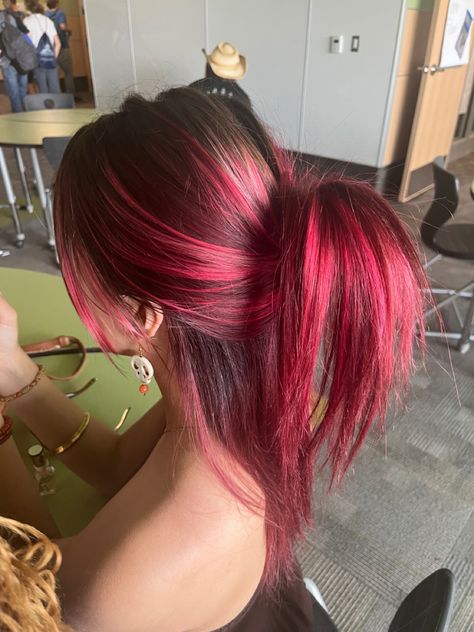 Red Highlights, Red Pink Hair, Red Roots, Red Hair Fringe, Red Hair With Pink Highlights, Red Hair Streaks, Red Dyed Hair Underneath, Dyed Red Hair, Black Hair Red Highlights