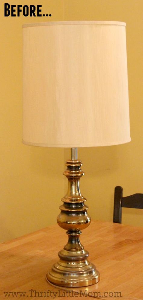 Update a Brass Lamp in 5 Simple Steps » Thrifty Little Mom Brass Vintage Lamp, Country Farmhouse Lamps, Upcycle Brass Lamps, Brass Lamp Redo, Brass Lamp Decoration Ideas, Refurbished Lamp Shade, Painting A Brass Lamp, Black And White Table Lamp, Refinish Brass Lamp