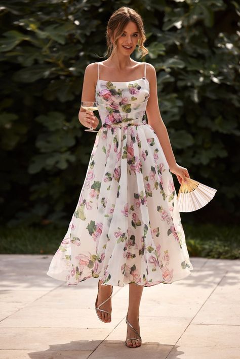 Spaghetti, Couture, Long Spaghetti Strap Dress Casual, White Floral Dress Outfit, Long Summer Dress Outfits, White Organza Dress, Floral Organza Dress, Midi Dress Wedding, Floral Gown Dress