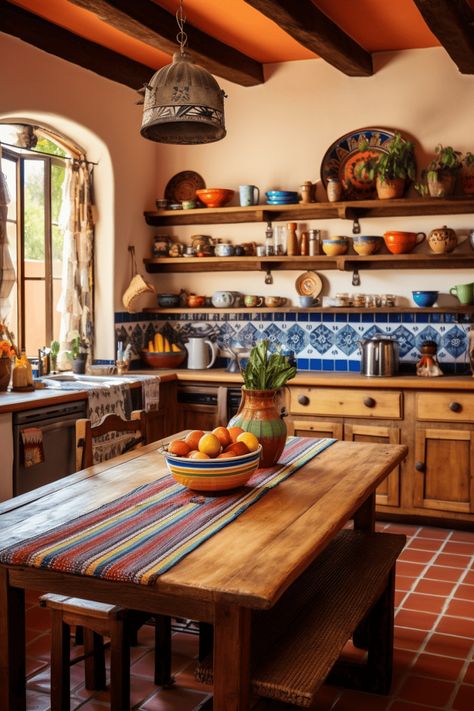 Home Décor, Southwest Kitchen Ideas, Southwestern Kitchen, Rustic Kitchen Design, Kitchen Rustic, Mexican Kitchen Decor Modern, Southwestern Style Kitchen, Spanish Kitchen Decor, Modern Mexican Kitchen