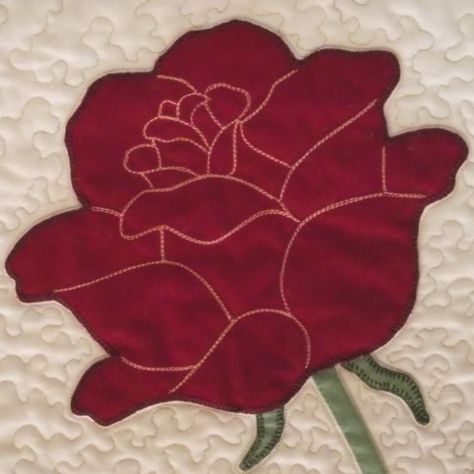 rose applique quilt pattern | The flower is one large piece, with the petals outlined in machine ... Quilting Patterns, Ravelry, Quilt Block Patterns, Quilts, Quilting, Patchwork, Embroidery Designs, Couture, Rose Quilt
