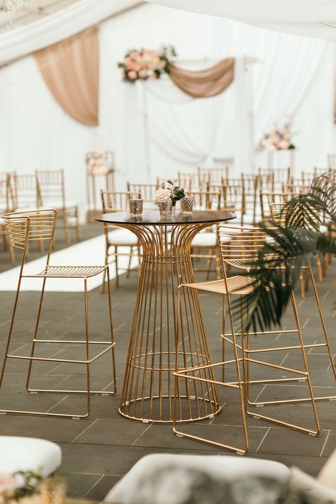 Our Gold Avery Cocktail Tables and Stools looked spectacular next to our Ceremony set-up at Pier One's Bridge Marquee Decoration, Cocktail Table Decor, Cocktail Tables, Cocktail Party Decor, Wedding Cocktail Table Decor, Cocktail Wedding Reception Set Up Indoor, Gold Cocktail Table, Modern Cocktail Tables, Wedding Cocktail Tables