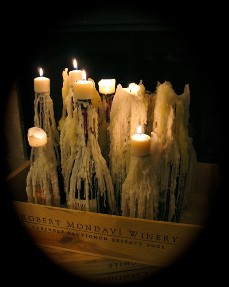 Wine bottles, wine box and candles make for a beautiful display for your fireplace when "baby it's NOT cold outside"... :) Wines, Candle Holders, Wine Bottle Crafts, Diy, Decoration, Bottle Candle Holder, Candle Displays, Bottle Candles, Wine Bottle Decor