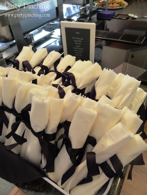 Make cutlery a little more festive with these diploma napkin bundles. | 31 Grad Party Ideas You'll Want To Steal Immediately College Graduation Parties, College Grad Party, High School Graduation Party, Graduation Party Planning, Graduation Open Houses, Graduation Party High, Graduation Party Diy, Graduation Party Decor, Grad Party Decorations