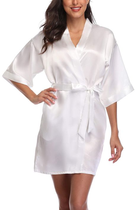 PRICES MAY VARY. 100% Polyester Tie closure Fabric: This Satin Kimono Robe is made of high quality polyester fiber so the robe is Lightweight, Comfortable and you will feel like wearing an expensive silk robe. Robe Design: Elegant oblique V-neck clear design,Adjustable & Removable sash tie closure for comfortable fit. Occasion: This Satin Robe for Women is Classy, Elegant and Durable, perfect for your daily routine, shower party and bridesmaid gift for wedding night. Tips: Dry clean or machine W