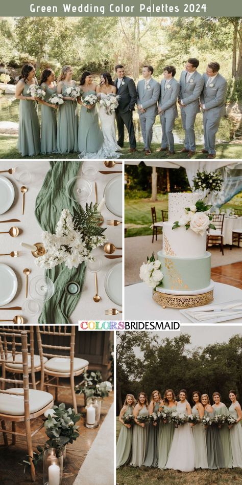 Sage green wedding color combos inspirations for 2024: Bridesmaid dresses in different shades of sage green, white bridal gown, light grey suits for groom and groomsmen, white and greenery wedding bouquets, white and sage green wedding cakes, white table cloth, sage green table runners, greenery bouquets as aisle markers. #weddingcolors #weddingideas #greenweddings #colsbm #2024 #bridesmaiddresses #sagegreenwedding Balayage, Inspiration, Wedding Colors Blue, Wedding Color Combos, Wedding Color Palette, Spring Wedding Color Palette, Sage Green Wedding Theme Color Palettes, Bridal Party Color Schemes, Sage Green Wedding Colors