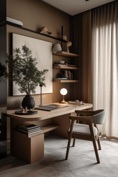 49 Exquisite Japandi Home Office Styles: The Harmony of Minimalism and Elegance Studio Flats, Home Office, Modern Home Office Desk, Transitional Office Design, Japandi Office Design, Japandi Home Office, Designer Desk Workspaces, Japandi Living Room Design, Office Interiors