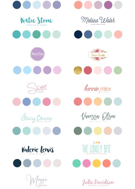 I like the color schemes under the words Melissa Walsh, Bonnie Price, and Sweet Escape Brand Identity, Web Design, Brand Design, Design, Brand Colors Inspiration, Logo Color, Branding, Color Palette Design, Branding Kit