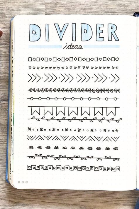 Collection of super cute and easy bullet journal divider ideas #bujodoodle #bulletjournal #bujodivider Bullet Journal Design Ideas, Bullet Journal Dividers, Bullet Journal Lettering Ideas, Notebook Ideas, Bullet Journal Ideas Templates, Notebook Dividers, Bullet Journal Notes, Bullet Journal Themes, Bullet Journal Banner