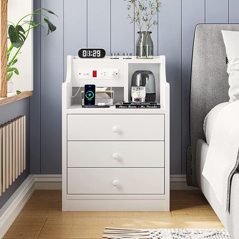 Amazon.com: Tiptiper Nightstand with Charging Station, Night Stand with 3 Storage Drawers, Bedside Table with Hutch, Modern End Side Table for Bedroom,White, 14D x 17.7W x 26.8H in : Home & Kitchen Design, Home, Nightstand With Charging Station, Storage Drawers, Bedside Table, Side Table With Storage, Side Tables For Bedroom, Bedroom Furniture Stores, Modern Bedside Table