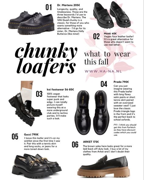 some of my favorite finds for this fall are: chunky loafers. it’s makes the perfect pinterest look and it gives height and classic timelessness. Featured here are: 1. Dr. Martens 1416 Quad Chunky (bonus: Dr. Martens Holly Butteroo and others linked below); 2. Monki vegan faux leather loafers; 3. Koi footwear: a punk gothy vegan leather loafers perfect for an edgier look and techno parties; 4. Prada chunky logo loafers: super perfect with tennis skirts and sweater vests (love love lovee); 5. Guc
