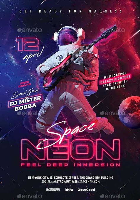 Neon, Space Party, Party Flyer, Party Banner, Party Poster, Space Poster Design, Party Design Poster, Event Flyer, Space Poster
