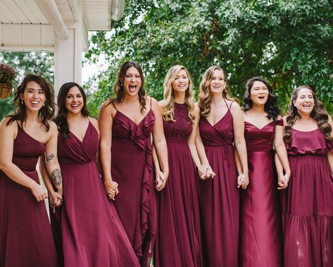 Beautiful in burgundy! Dress you maids in matching burgundy dress while mixing styles for a modern touch! | #bridesmaiddresses #burgundybridesmaiddresses #winebridesmaiddresses | Style F20099, F20064, DS270094, F19755, F20134, VW360527 | Shop these styles and more at davidsbridal.com | Photo by: @jamie.devergillo Bridal Style, Red Wedding, Bridesmaid Dresses, Wedding Dress, Burgundy Bridesmaid Dresses, Burgundy Dress, Wine Bridesmaid Dresses, Burgundy Wedding, Bridesmaid