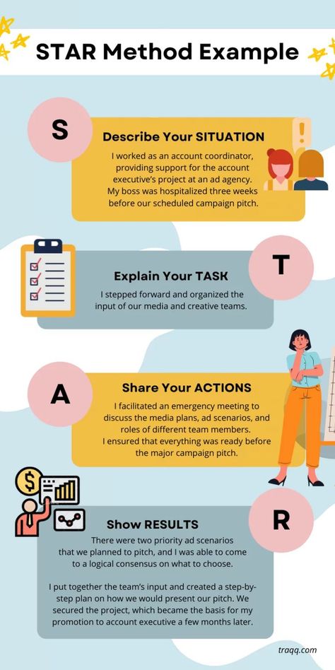 STAR method for answering interview questions for attention to detail skills - infographic by Traqq time tracker Coaching, English, Leadership, Behavioral Based Interview Questions, Job Info, Interview Questions And Answers, Resume Writing Tips, Interview Skills, Job Interview Answers