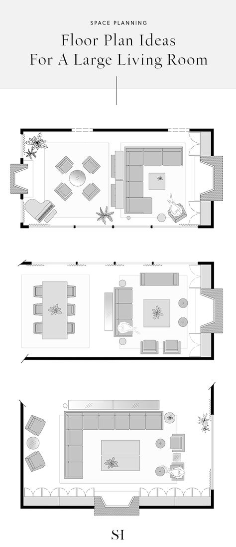 5 Furniture Layout Ideas for a Large Rectangular Living Room, with Floor Plans - #interiordesign #spaceplanning #floorplan #livingroom #livingroomideas #floor Open Living Room Design, Open Dining Room And Living Room, Open Plan Kitchen Dining Living Floorplan, Narrow Living Room, Additional Seating Living Room, Small Living And Dining Room Ideas, Living Room Plan, Two Couches Living Room Layout, Floor Plan Design