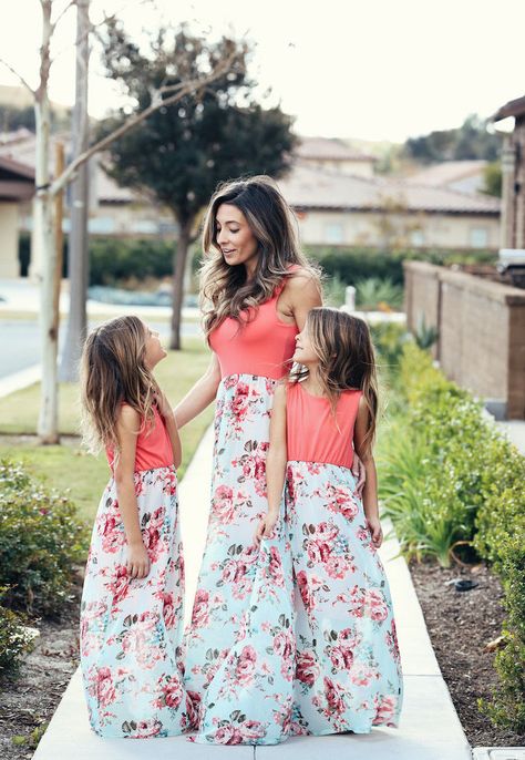 woman standing on a side walk with two girls, wearing identical dresses with floral prints, easter outfits Floral, Outfits, Women Easter Outfits, Easter Outfit For Girls, Womens Easter Outfits, Easter Dresses For Women, Girls Easter Dresses, Easter Outfit, Casual Easter Outfit