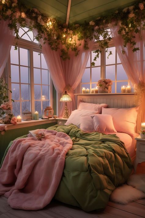 A compact cottage bedroom with a luminous soft pink and olive color scheme, featuring shabby chic furniture, a trundle bed with a plush blanket, floral art, and vintage lanterns, creating a cozy and romantic atmosphere. Interior, Inspiration, Vintage, Dekorasyon, Inspo, Rom, Modern, Kamar Tidur, Haus