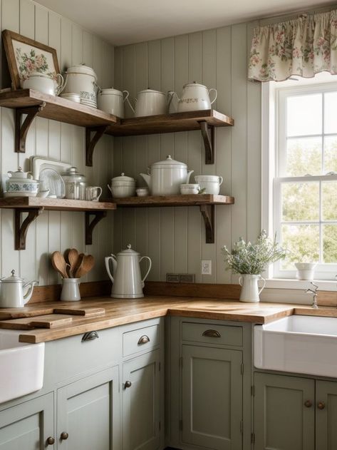 English country kitchen ideas with charming, cottage-inspired designs, vintage details, and feminine floral patterns, utilizing open shelving and a farmhouse sink to enhance the cozy, English countryside feel. #KitchenIdeas #KitchenDesign Country Kitchen Designs, Country Kitchen Shelves, Country Kitchen Cabinets, Country Kitchen Sink, Country Kitchen Ideas Farmhouse Style, Kitchen Country, Cottage Kitchen Shelves, Antique Farmhouse Kitchen, Vintage Kitchen Decor Farmhouse