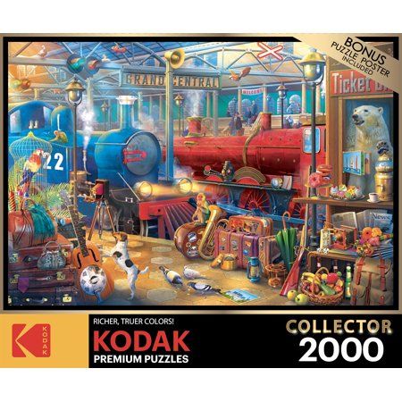 Puzzlers of all ages will love this Kodak Collector 2000 Piece Adult Jigsaw Puzzle "Train Station" from Cra-Z-Art! Featuring a train station that needs a bit of a tidying up. Along with the two steam engines, there are loads of things filling the image like luggage, umbrellas, musical instruments, birds, dogs, you name it, its here. This high quality puzzle measures a stunning 38 inches x 26 inches. Puzzle appropriate for unisex ages 10 to adult. Designed for puzzlers of all skill levels, beginn