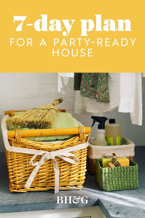 Impress your party guests with a home that sparkles and shines. Manage the house cleaning tasks with the same ease you organize the rest of your party planning with the help of this 7-day cleaning plan. #entertaining #cleaningforaparty #hostesstips #cleaningtips #cleaningplan #bhg Ideas, Life Hacks, Adhd, Household Tips, Parties, Party Cleaning Checklist, Clean House Schedule, Holiday Cleaning, House Cleaning Checklist