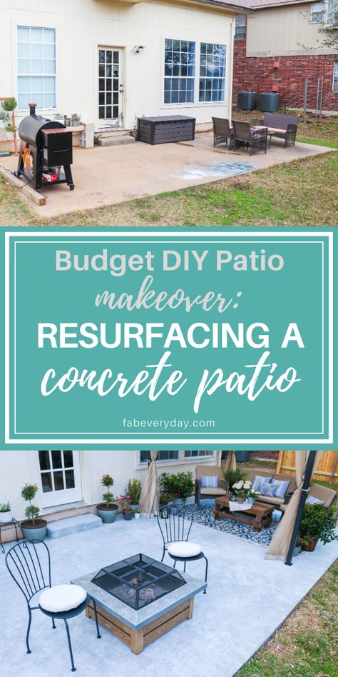 Back Patio Makeover On A Budget, Updating Concrete Patio, Backyard Patio On A Budget Diy, Resurfacing A Concrete Patio, Flooring For Outside Patio, Update Concrete Patio Ideas, Concrete Patio Transition To Yard, Back Patio Before And After, Repair Concrete Patio