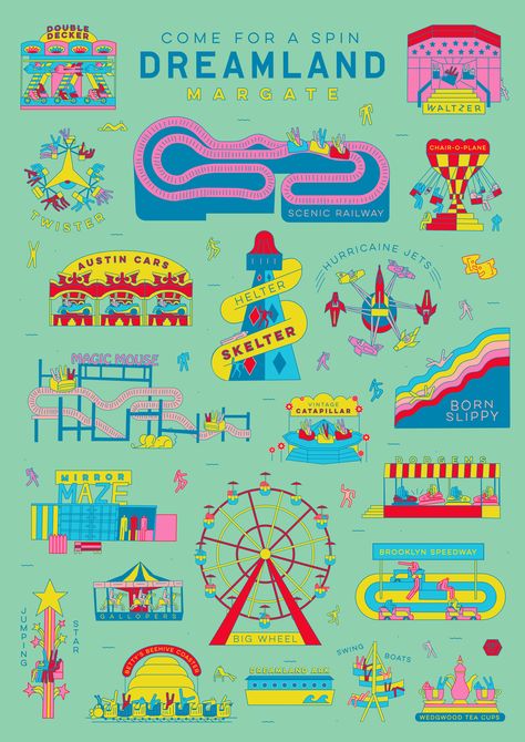 London-based Studio Moross has created maps, icons, posters and an entire set of food truck logos for Margate's recently reopened Dreamland theme park. Ideas, Design, Dreamland, Theme Park Map, Theme Park, Margate Dreamland, Park, Poster, Heritage