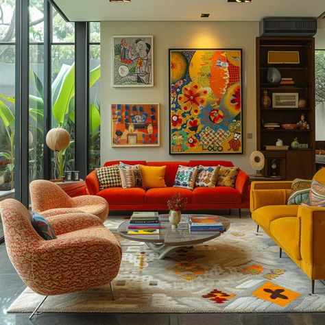 The Art of Mixing Styles in a Mid Century Modern Eclectic Living Room • 333+ Images • [ArtFacade] Design, Bold Living Room, Mid Century Modern Eclectic, Mid Century Interior, Eclectic Mid Century Modern, Mid Century Modern Interiors, Mid Century Maximalism, Eclectic Interior Design, Mid Century Modern Maximalist