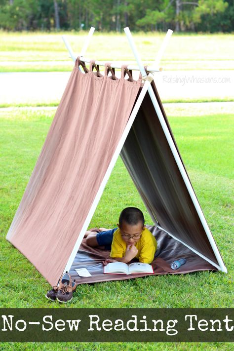 No-Sew Reading Tent for Kids Diy Pvc Fort, Pvc Playhouse Diy, Pvc Tent Frame, Cute Tent Ideas, Pvc Pipe Fort, Pvc Pipe Tent, Pvc Tent, Diy Kids Tent, Reading Tent