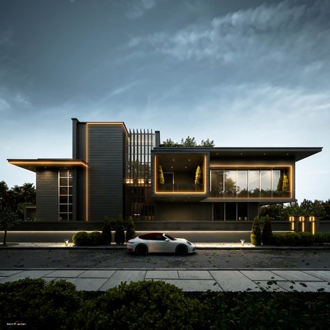 Black Fly: A Modern Villa in India by Am|Visualization Architecture, Facade House, Modern House Facades, Facade Architecture, Modern House Exterior, Modern Exterior House Designs, Modern Architecture House, Architect Design House, House Architecture Design