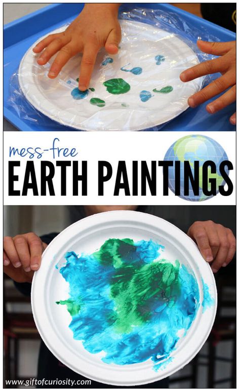With Earth Day coming up on April 22, these mess-free Earth paintings would be a great craft to do with young children this year. Or do make these any time of the year as part of your geography studies. #geography #artsandcrafts #EarthDay #toddlers #preschool #kinder #kindergarten #ece #sensoryplay #sensoryart #giftofcuriosity || Gift of Curiosity Earth Sensory Activities, Planet Sensory Activities, Earth Day Crafts For Infants, Earth Day Crafts For Preschoolers, Earth Day Crafts For Toddlers, Earth Day Crafts For Kids, Earth Day Activities For Toddlers, Earth And Space Science Activities For Preschoolers, Solar System Crafts For Preschool Space Theme