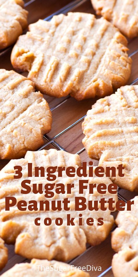 Sugar Free Peanut Butter Cookies made with just three ingredients. Perfect homemade diy recipe idea for desserts, parties, birthdays or snacks. Low Carb Food, Desserts, Dessert, Biscuits, Gluten Free Sugar Cookies, Sugar Free Gluten Free Dessert, Healthy Sugar Cookies, Sugar Free Peanut Butter Cookies, Gluten Free Treats
