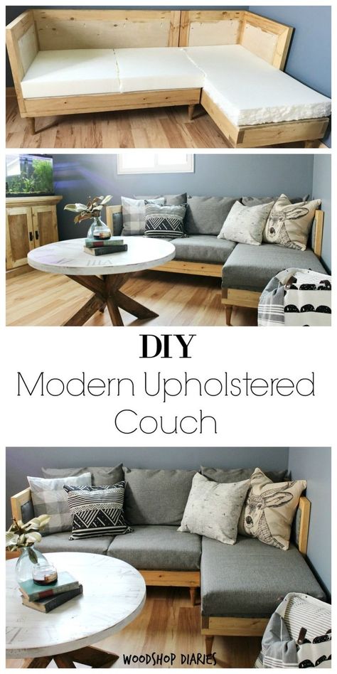 Build Your Own DIY Upholstered Couch Diy Furniture Couch, Diy L Shaped Couch, Build Your Own Couch Living Room, Diy Indoor Sectional Couch, Diy Sectional, Diy Chaise Lounge Indoor, How To Build A Couch, Diy Couch, Couch Furniture