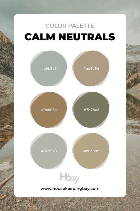 If you don’t like dark living room color palettes, try out this one instead. A perfect combination of calming and balanced neutral colors that contain greiges, and also subtle blueigh, brownish, and green neutrals will be amazing in any home! Inspiration, Interior, Earth Tone Color Palette, Neutral Colors, Earth Tone Color, Living Room Color Schemes, Neutral Kitchen Colors, House Color Palettes, Brown And Green Living Room