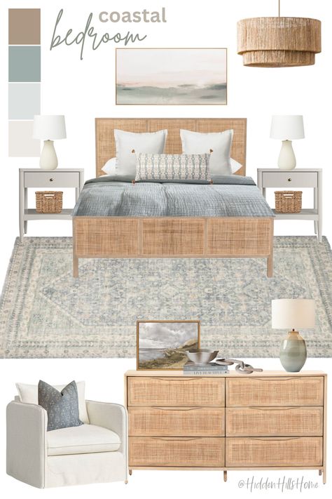 Coastal bedroom decor mood board with seafoam green accents! Gorgeous bedroom decor ideas with cane bed! This bedroom would be perfect for a beach house or a lake home Home Décor, Interior, Coastal Blue Bedroom, Navy Coastal Bedroom, Blue Coastal Bedroom, Coastal Bedrooms Master, Coastal Bedroom Furniture, White Coastal Bedroom, Coastal Master Bedrooms