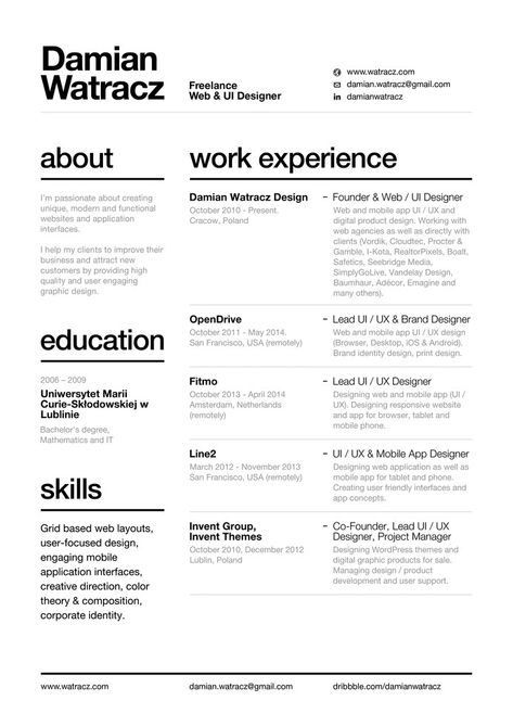 Swiss Style Resume 2014 by Damian Watracz Resume, Layout, Web Design, Layout Design, Resume Design, Modern Resume, Resume Layout, Resume Design Creative, Portfolio Resume