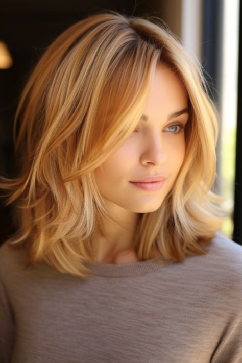 Honey blonde tendrils bring warmth to your face and work beautifully with any skin tone. The loose waves can be created with a curling iron or natural texture. Click here to check out more cute and fun shoulder-length haircuts and hairstyles. Medium Bob Haircut With Curtain Bangs, Shoulder Length Hair With Curtain Bangs Side Part, Blond Long Bob Hairstyles, Shoulder Lenght Haircut Girl, Shoulder Length Hair Long Bangs, Cute Short Haircuts Shoulder Length, Shoulder Length Hair In Ponytail, Shoulder Length Golden Blonde Hair, Black Blouse With Jeans