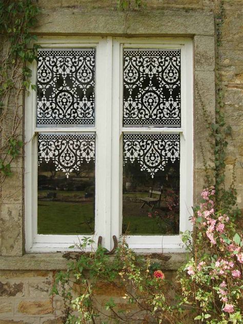 Stencilled window. Acrylic paint and OTT20 stencil. From The Stencil Library's blog. Windows, Home, Design, Tile Stencil, Window Painting, Window Art, Window Glass, Window Decor, Lace Stencil