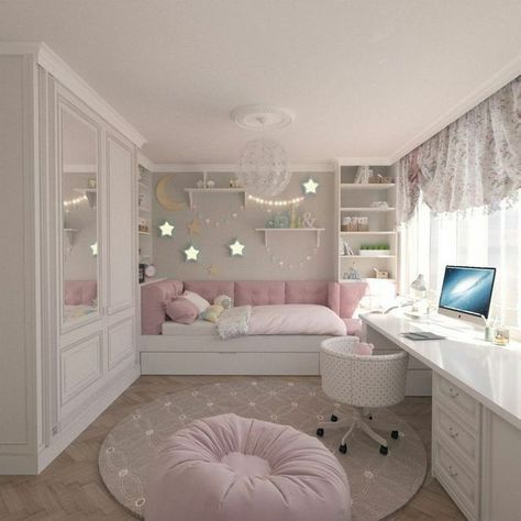 Aesthetic Kids room bed designs and decor inspiration with accessories Teen Bedroom Decor, Cute Bedroom Ideas, Girl Bedroom Decor, Room Ideas Bedroom, Girl Bedroom Designs, Girls Bedroom, Room Decor Bedroom, Room Design Bedroom, Room Closet