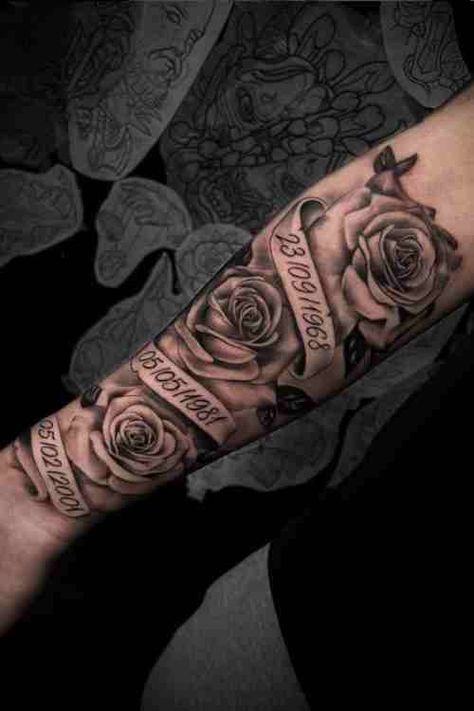 Roses is usually promoted as romantic flower, that represents love. A rose forearm tattoo can be done in different styles, from super dense to scattered around roses on your arm. Every rose can be dedicated to a different loved one or event to give it extra meaning! Hand Tattoos, Tattoo Designs, Tattoo, Memorial Tattoos, Rose Tattoos For Women, Rose Sleeve Tattoos, Birthdate Tattoo, Rose Tattoos For Men, Rose Tattoo On Forearm