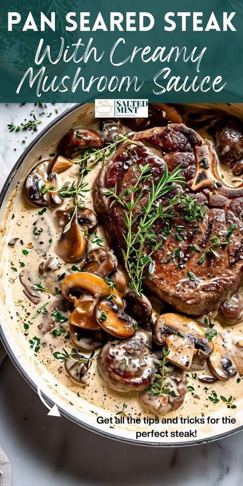 Indulge in the timeless elegance of Steak Diane, a classic steak recipe that combines the rich flavors of steak and mushrooms in a creamy sauce. Whether you choose sirloin or rib-eye, grilled or pan-seared, this dish is an easy yet sophisticated choice for any steak lover looking for healthy dinner ideas. Snacks, Steak Recipes, Easy, Yum, Cook, Eat, Indulge, Diner, Ribeye