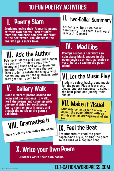 Looking for fun activities to explore the art of poetry and use it to support language learning? Try these simple and fun activities. See more in my previous posts on poetry: ICE ICE, BABY: WRITING... English, Poetry Lessons, Teaching Poetry, Teaching Literature, English Classroom, Teaching English, Poetry Activities, Writing Activities, Teaching Writing