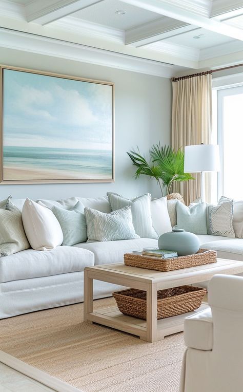 Freshly decorated coastal living room with serene beach-inspired color palette Inspiration, Home Décor, Coastal Living Rooms Ideas, Coastal Decorating Living Room, Beach House Decor Living Room, Coastal Modern Living Room, Coastal Traditional Living Room, Coastal Furniture Ideas, Coastal Guest Bedroom