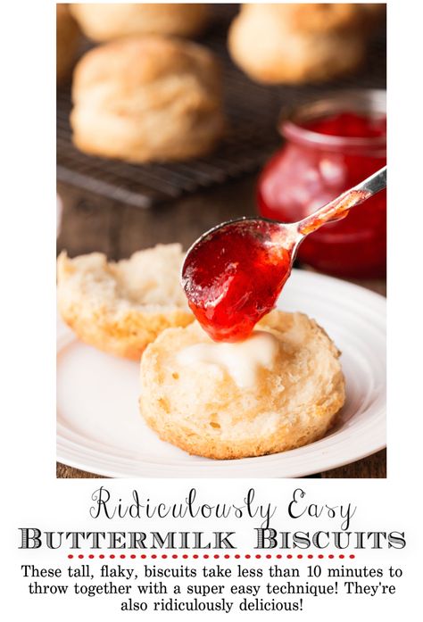 Easy as in, less than 10 minutes to throw together. Next thing you know, tall, flaky, incredibly delicious biscuits! will be rolling out of your oven! #buttermilkbiscuits, #easybiscuits, #bestbiscuits via @cafesucrefarine Biscuits, Muffin, Dessert, Bread Recipes, Ideas, Desserts, Cake, Pizzas, Scones