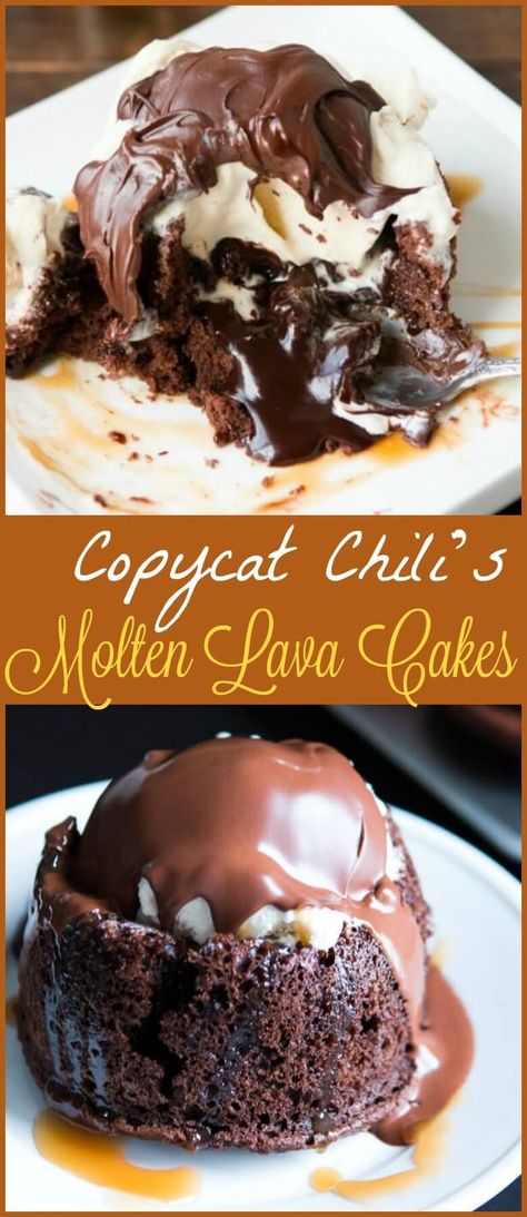 Copycat chili’s molten lava cakes recipe is way easier to make than you probably think and that hot fudge oozing out is such a crowd pleaser! ohsweetbasil.com Lava Brownies Easy, Molten Lava Brownies, Best Chocolate Desserts Ever, Lava Cakes Recipe, Copycat Chili, Chocolate Molten Lava Cake, Molten Lava Cakes Recipe, Lava Cake Recipe, Molten Lava Cake