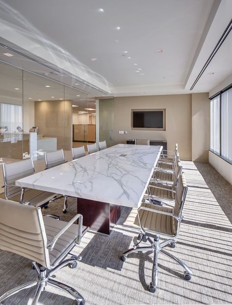 Neolith Calacatta Conference Table paired with Eames Management Chairs. | OllinStone.com 714-535-0800 Layout Design, Office Designs, Design, Office Interior Design, Office Design Inspiration, Office Space Design, Office Meeting Room, Corporate Office Design, Conference Room Design